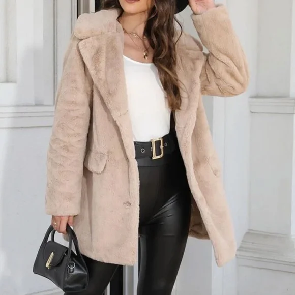 Luxe Vegan Fur Button Oversized Jacket Coat - Picture 10 of 14